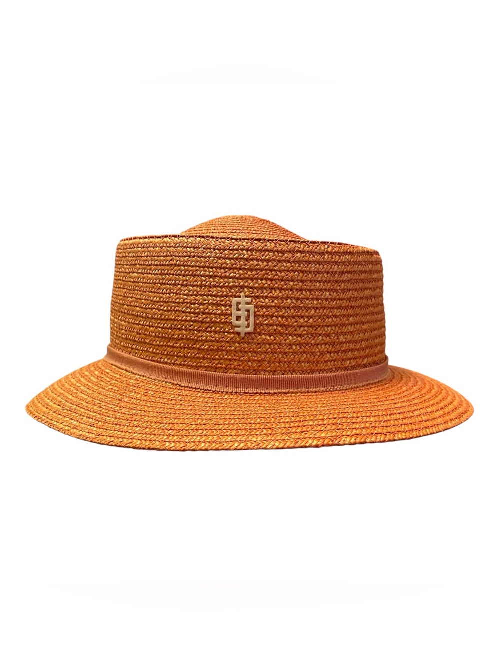 Vintage 1970s Pucci Straw Boater Sun Hat Logo Peach Orange Pastel Flat Top XS